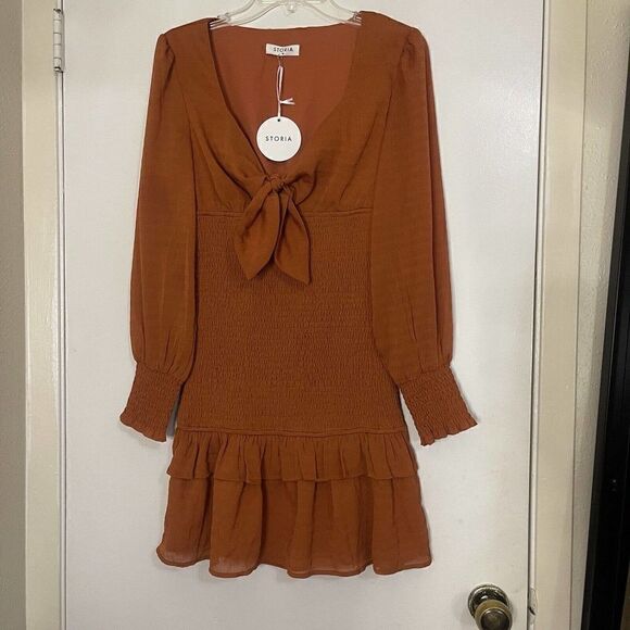 NEW! Storia Cinch orange long sleeve ruffle bodycon mini dress size Medium - Picture 3 of 7